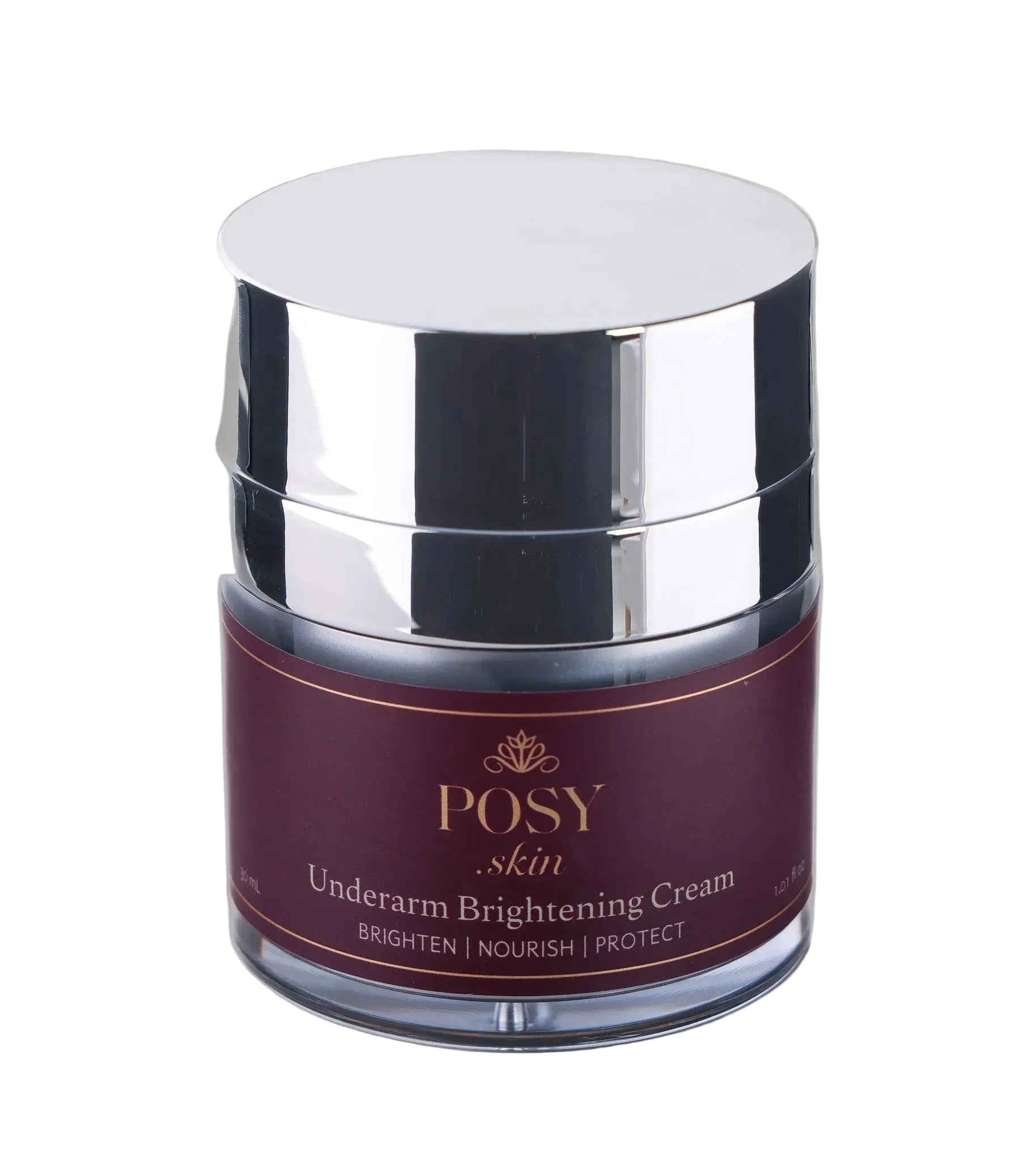 Jar of POSY skin Underarm Brightening Cream on a gray background